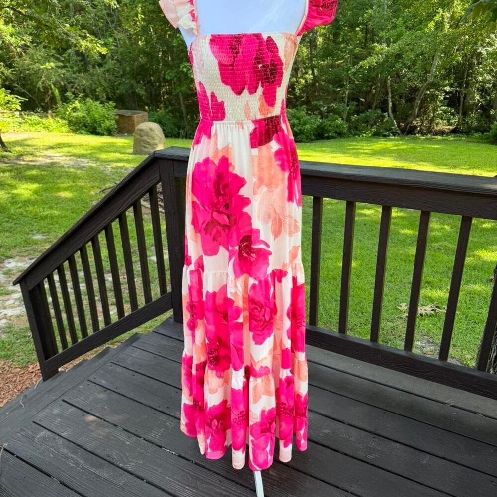 Anthropologie Flying Tomato Pink Floral Smocked Maxi Dress Cottagecore Coquette